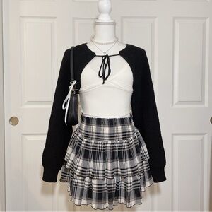 Korean style black cropped knit bolero sweater with tie